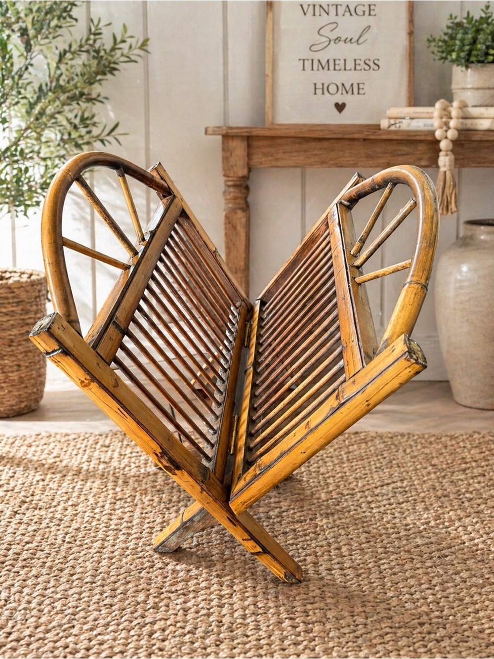 Vintage-Inspired Bamboo Folding Magazine Rack - Yellow Bamboo
